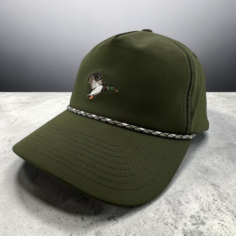 Poncho Outdoors Snapback Hat OSFA Olive Green Embroidered Mallard Duck Rope Cap